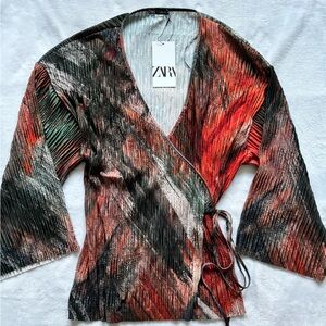 ZARA Long Sleeve Multi-Colored Pleated Kimono Wrap Top—NWT—S